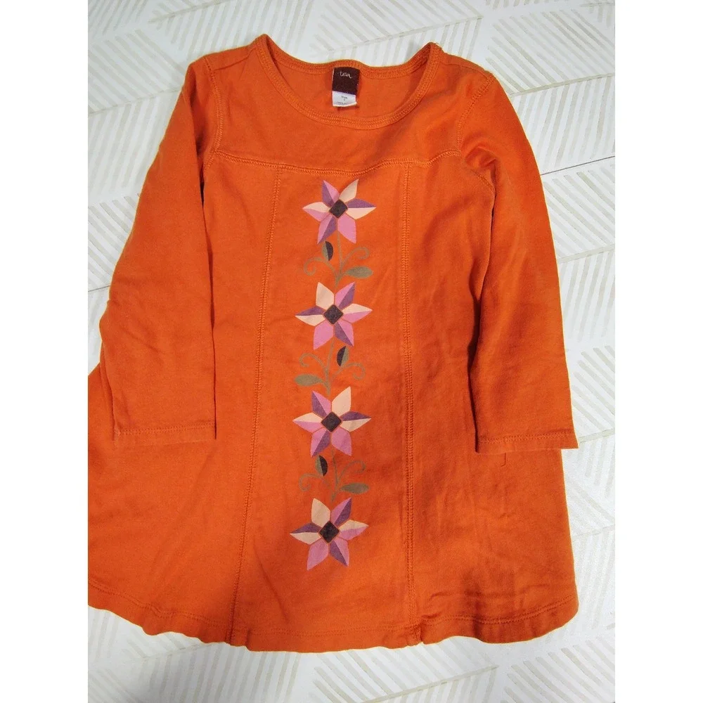 Tea Collection Girls Long Sleeve Dress Lot 3pc Floral Orange Red Size 2‎